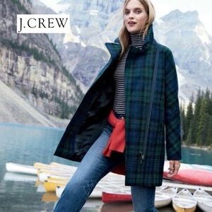 J. Crew Women's 100% Wool Trench Coat - Navy and Forest Plaid